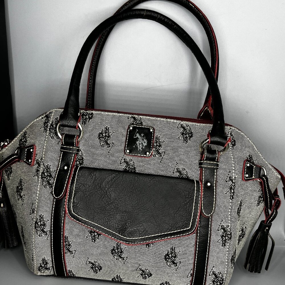US POLO ASSN. LOGO LARGE CANVAS& FAUX BLACK LEATHER SHOULDER, PURSE BAG W/SILVER